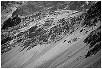 Rocky slopes topped by village and gompa, Zanskar, Jammu and Kashmir. India (black and white)