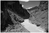 Chorten, trail,  and river valley, Zanskar, Jammu and Kashmir. India ( black and white)