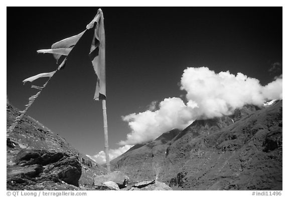 Prayer flag and cloud-capped peak, Himachal Pradesh. India (black and white)