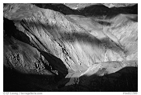 River Valley and cloud shadows, Zanskar, Jammu and Kashmir. India (black and white)