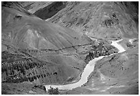 Zanskar River valley with cultivation patches, Zanskar, Jammu and Kashmir. India (black and white)