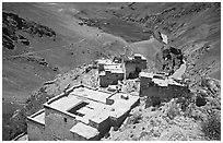 Terraced roofs of village above river valley, Zanskar, Jammu and Kashmir. India ( black and white)