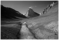 Zanskar River and  Gumburanjan monolith, Zanskar, Jammu and Kashmir. India ( black and white)