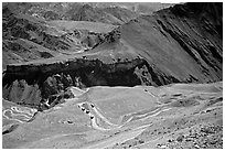 Hairpin turns on Khadung La pass, Ladakh, Jammu and Kashmir. India ( black and white)