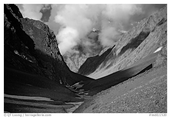 Valley with high cliffs and clouds, Zanskar, Jammu and Kashmir. India (black and white)
