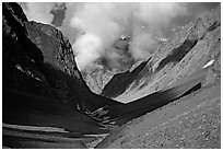 Valley with high cliffs and clouds, Zanskar, Jammu and Kashmir. India ( black and white)