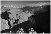 Braided river and mountain range seen from high pass, Himachal Pradesh. India (black and white)