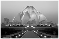 Lotus-shaped Bahai temple at twilight. New Delhi, India (black and white)