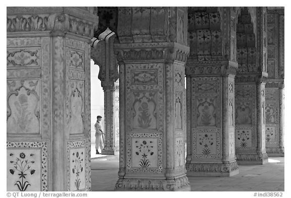 Row Columns and guard, Royal Baths, Red Fort. New Delhi, India (black and white)