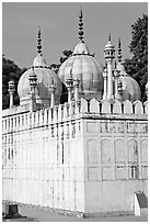 Moti Masjid (Pearl Mosque), enclosed between walls aligned with the rest of the Red Fort. New Delhi, India (black and white)