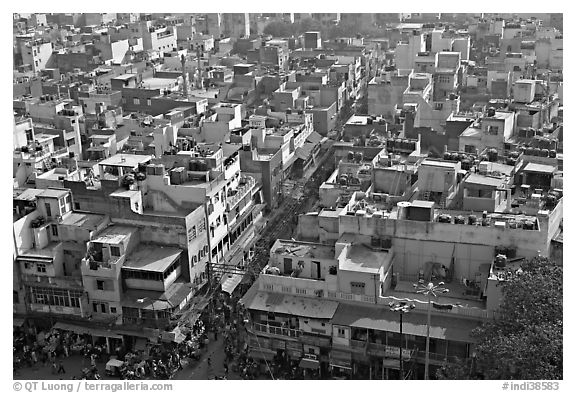 View of Old Delhi streets and houses from above. New Delhi, India (black and white)