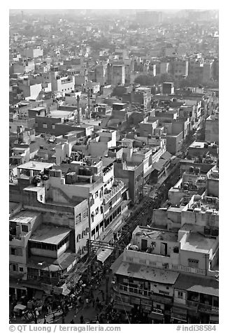 View of a Old Delhi street from above. New Delhi, India (black and white)