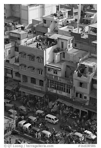 Street traffic and buildings from above, Old Delhi. New Delhi, India (black and white)