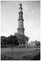 Qutb Minar garden and tower. New Delhi, India (black and white)