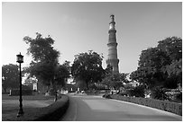 Gardens, and Qutb Minar tower. New Delhi, India (black and white)