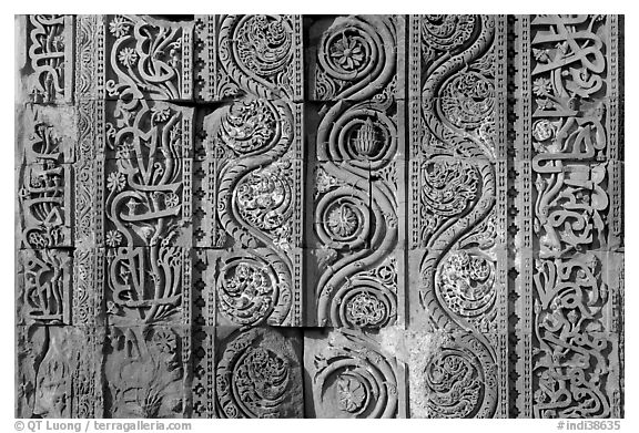 Geometrical patterns with  Floral motifs, Quwwat-ul-Islam mosque, Qutb complex. New Delhi, India (black and white)