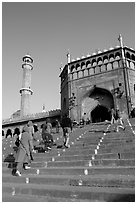 Stairs leading to Jama Masjid South Gate, and minaret. New Delhi, India ( black and white)