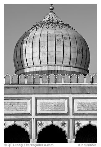 Dome and prayer hall arches, Jama Masjid. New Delhi, India (black and white)