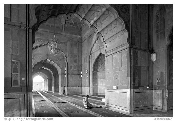 Men in prayer, prayer hall, Jama Masjid. New Delhi, India