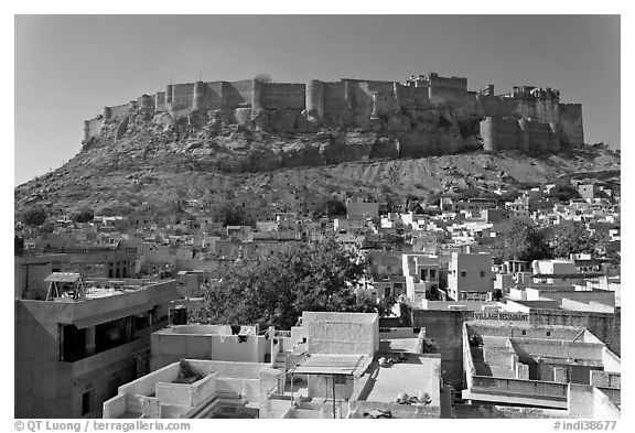 Mehrangarh Fort and city rooftops, afternoon. Jodhpur, Rajasthan, India