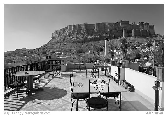 Rooftop restaurant with view on Mehrangarh Fort. Jodhpur, Rajasthan, India
