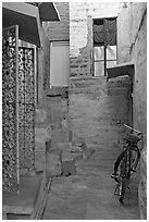 Blue alley with bicycle. Jodhpur, Rajasthan, India ( black and white)