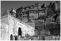 Gate and high wall, Mehrangarh Fort. Jodhpur, Rajasthan, India ( black and white)