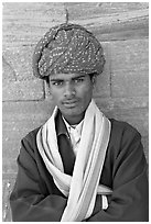 Young man wearing a red turban. Jodhpur, Rajasthan, India ( black and white)