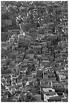 Rooftops of blue houses, seen from above. Jodhpur, Rajasthan, India ( black and white)