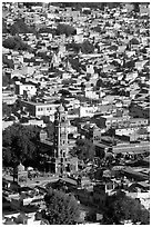 Clock tower and old quarter seen from  Mehrangarh Fort. Jodhpur, Rajasthan, India ( black and white)