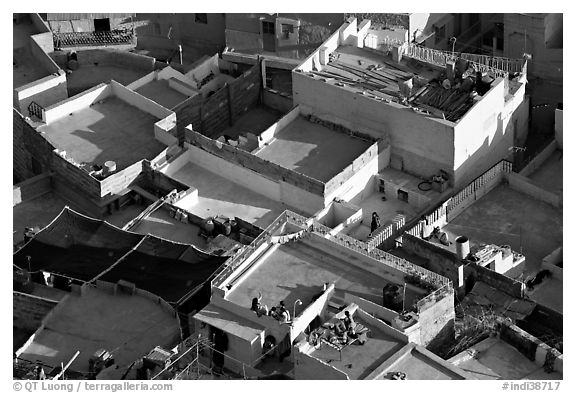 Rooftop terraces seen from above. Jodhpur, Rajasthan, India (black and white)