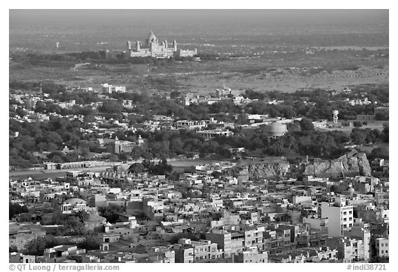 Old town, with Umaid Bhawan Palace in the distance, Mehrangarh Fort. Jodhpur, Rajasthan, India