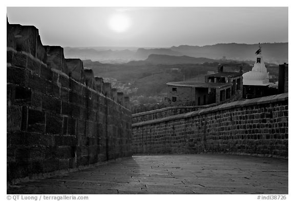 Mehrangarh Fort walls and Chamunda Devi temple. Jodhpur, Rajasthan, India (black and white)