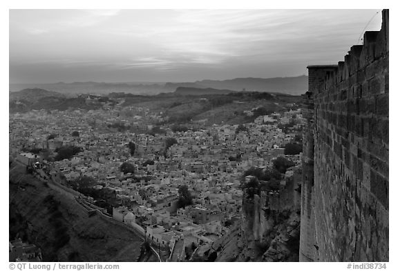 Mehrangarh Fort walls, and old city  blue houses, sunset. Jodhpur, Rajasthan, India (black and white)
