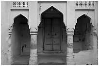 Blue porch of Brahmin house. Jodhpur, Rajasthan, India (black and white)