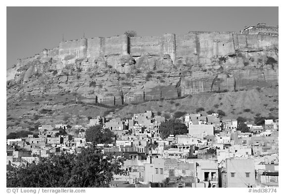 Houses and Mehrangarh Fort, morning. Jodhpur, Rajasthan, India (black and white)