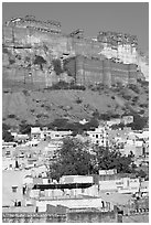 Old town at the base of the Mehrangarh Fort, morning. Jodhpur, Rajasthan, India (black and white)