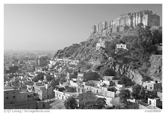 Mehrangarh Fort overlooking the old town, morning. Jodhpur, Rajasthan, India (black and white)