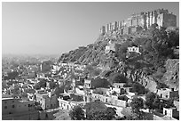 Mehrangarh Fort overlooking the old town, morning. Jodhpur, Rajasthan, India ( black and white)