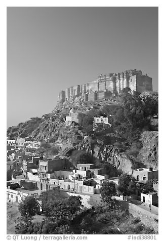 Mehrangarh Fort on top of hill. Jodhpur, Rajasthan, India (black and white)