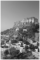 Mehrangarh Fort on top of hill. Jodhpur, Rajasthan, India ( black and white)