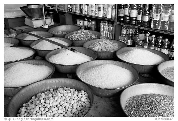 Grains and other groceries, Sardar market. Jodhpur, Rajasthan, India (black and white)