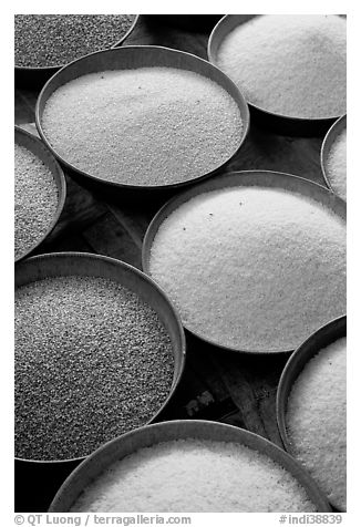 Grains in cicular containers, Sardar market. Jodhpur, Rajasthan, India (black and white)