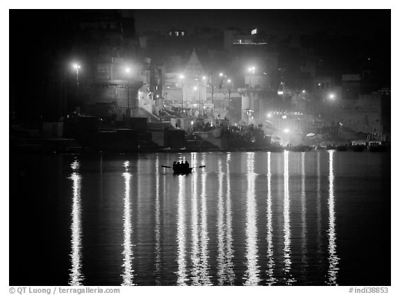 Ganges River at night with Ghat lights  reflected. Varanasi, Uttar Pradesh, India