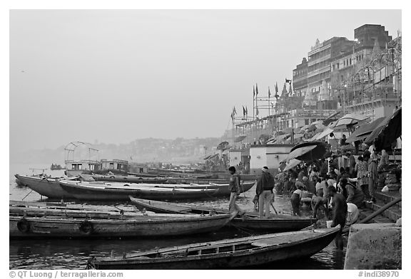 Boats and ghat at sunrise. Varanasi, Uttar Pradesh, India (black and white)