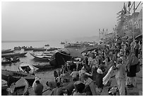 Steps of Dasaswamedh Ghat with crowd at sunrise. Varanasi, Uttar Pradesh, India ( black and white)