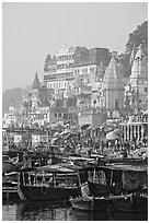 Boats and Dasaswamedh Ghat, sunrise. Varanasi, Uttar Pradesh, India (black and white)