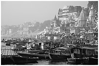 Boats and temples of Dasaswamedh Ghat, sunrise. Varanasi, Uttar Pradesh, India ( black and white)