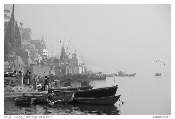 Temples and Ganga River, foggy sunrise. Varanasi, Uttar Pradesh, India (black and white)