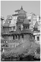 Manikarnika Ghat, most auspicious place to be cremated. Varanasi, Uttar Pradesh, India (black and white)